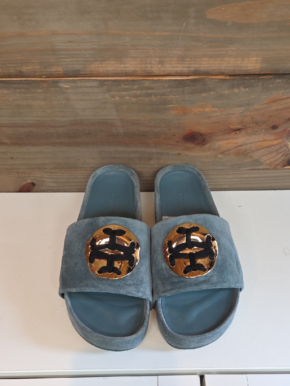 Tory Burch Blue Suede Slide Sandals with Gold Logo